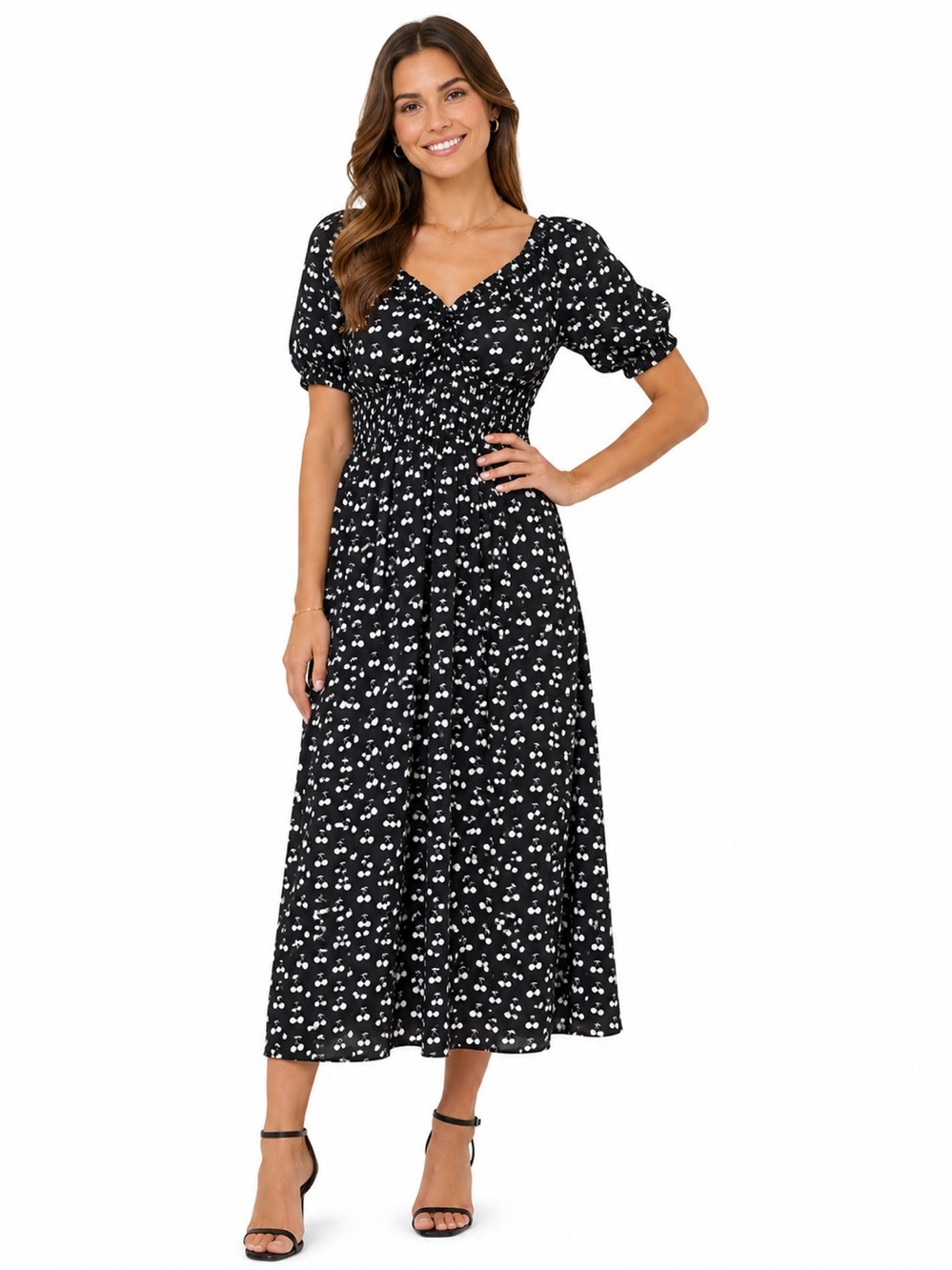 Black & Cherry Print Smocked Midi Dress Puff Sleeve Summer Brunch Casual Size XL